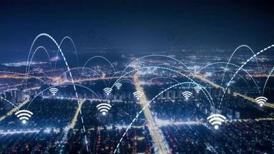 智能<strong>城市</strong>空中图像。蓝色拱形形成网络通信未来技术。Wi-Fi<strong>连</strong>接
